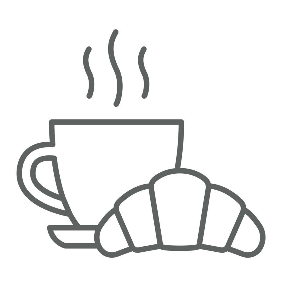 Coffee And Croissant Icon. Simple Outline Style. Bread, Pastry, Crescent, Food And Drink Concept. Thin Line Symbol. Vector Illustration Isolated. Editable Stroke.